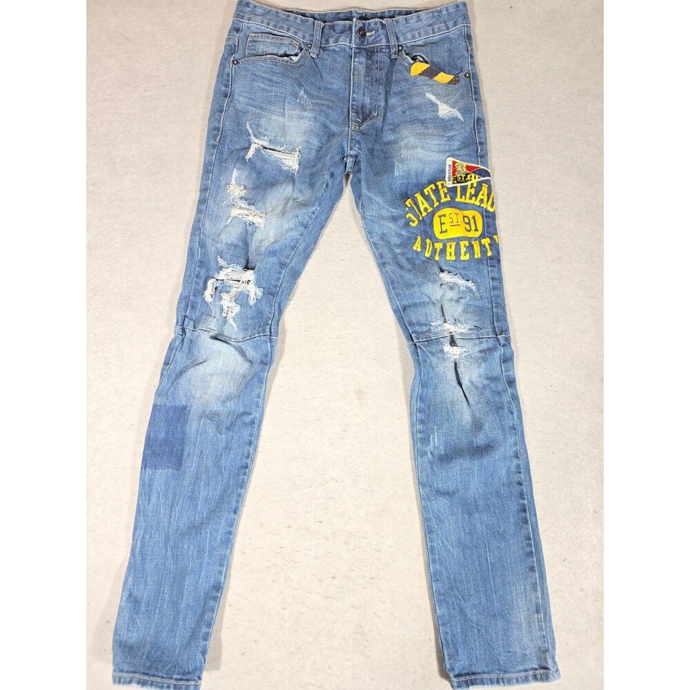 Smoke Rise 32/34 Slim Tapered Distressed Graphic Patch Jeans Blue Cotton Men’s